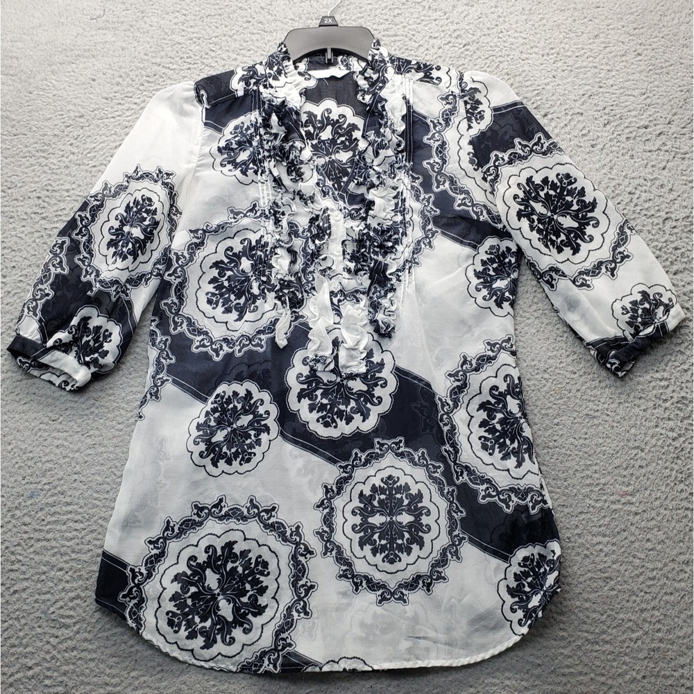 New York & Company Sheer Cover-up Overshirt Women's S Multi Geometric 3/4 Sleeve